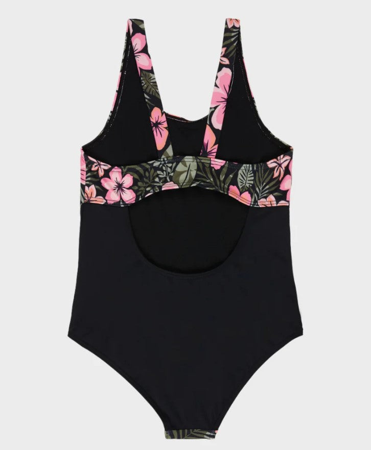 Roxy Girls Active Floral RG One Piece Swimwear in anthracite floral colourway showing back of suit