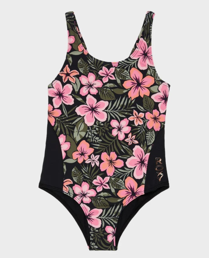 Roxy Girls Active Floral RG One Piece Swimwear in anthracite floral colourway