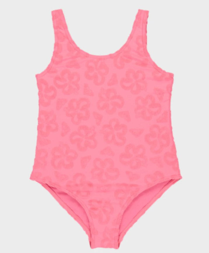 Roxy Flip Flowers Onepiece Toddlers Swimwear in pink with terry flower detailing from front