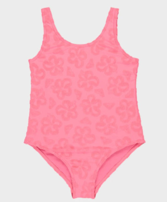 Roxy Flip Flowers Onepiece Toddlers Swimwear in pink with terry flower detailing from front