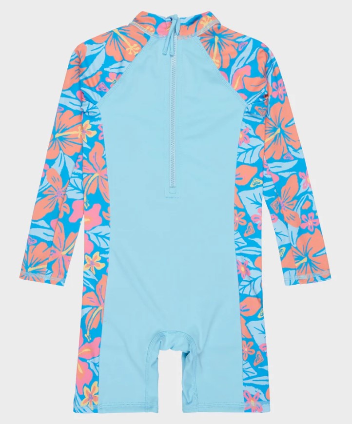Roxy Hibiscus Hugs lycra Springsuit in malibu bue with hibiscus hugs printed arms from rear