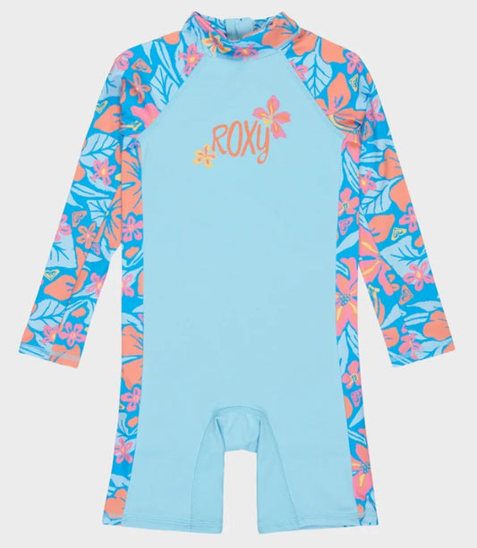 Roxy Hibiscus Hugs lycra Springsuit in malibu bue with hibiscus hugs printed arms from front