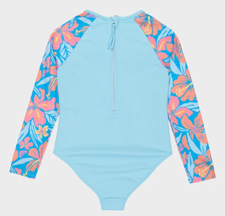 Roxy Hibiscus Hugs Onesie Girls Surfsuit in malibu blue with hibuscus printed arms from rear
