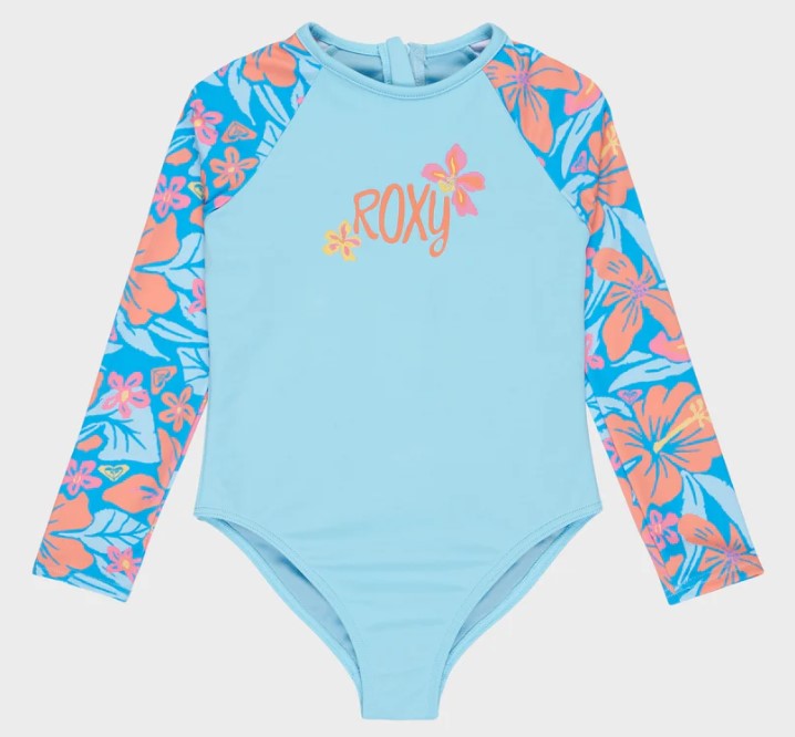 Roxy Hibiscus Hugs Onesie Girls Surfsuit in malibu blue with hibuscus printed arms from front