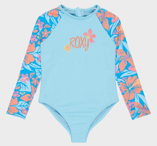 Roxy Hibiscus Hugs Onesie Girls Surfsuit in malibu blue with hibuscus printed arms from front