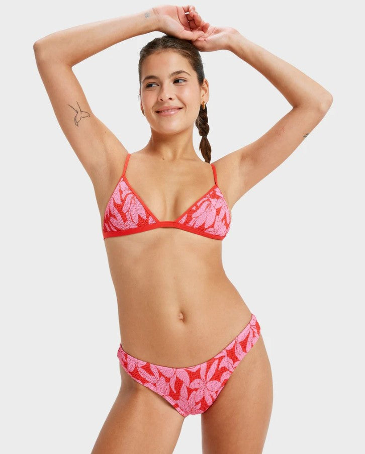 Roxy Khloe Fixed Tri with Cheeky Pant Bikini in tomato klaeido colourway red and pink on model close photo from front
