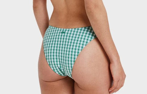 Roxy Kiawe Tiki Tri w High Leg Pant Bikini in deep grass green check showing pant from rear
