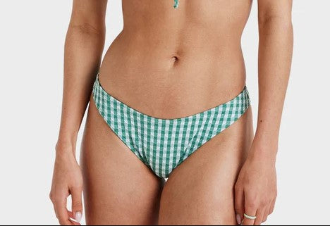 Roxy Kiawe Tiki Tri w High Leg Pant Bikini in deep grass green check showing pant from front