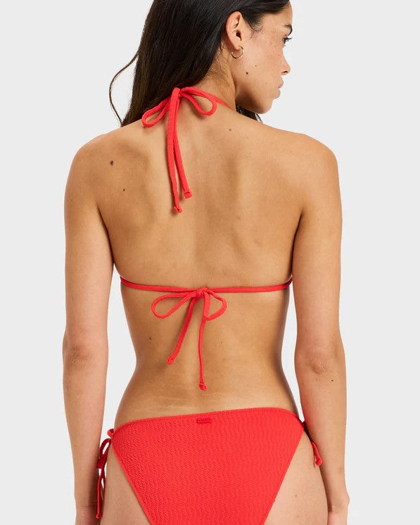 Roxy Lagos Tiki Tri w Tie Side Pant Bikini Set in tomato colourway on dark-haired model from rear