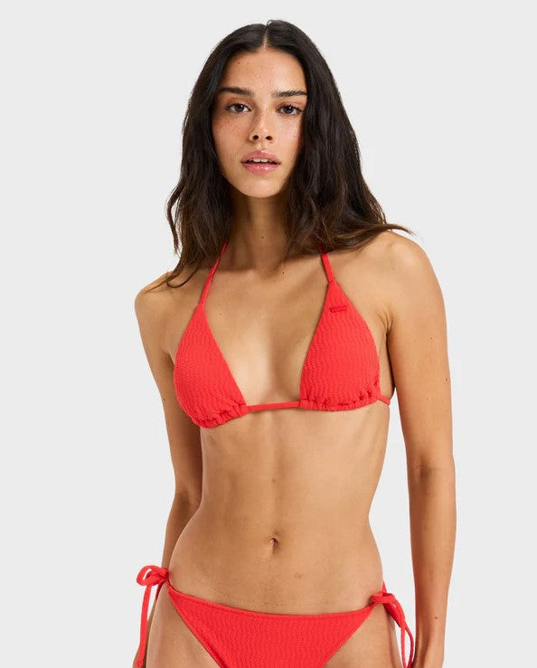 Roxy Lagos Tiki Tri w Tie Side Pant Bikini Set in tomato colourway on dark-haired model from front close up