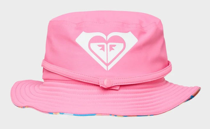 Roxy New Bobby Toddler Girls Swim Hat in malibu blue multi colour showing reversed out pink side