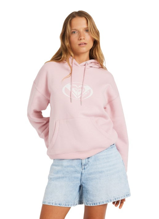 Roxy Perfect Place Brushed Hoodie in colour bleached mauve on model front veiw