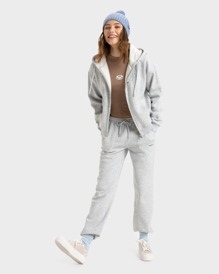 Roxy Perfect Place Zip Brushed Hoodie in colour heritage heather on model