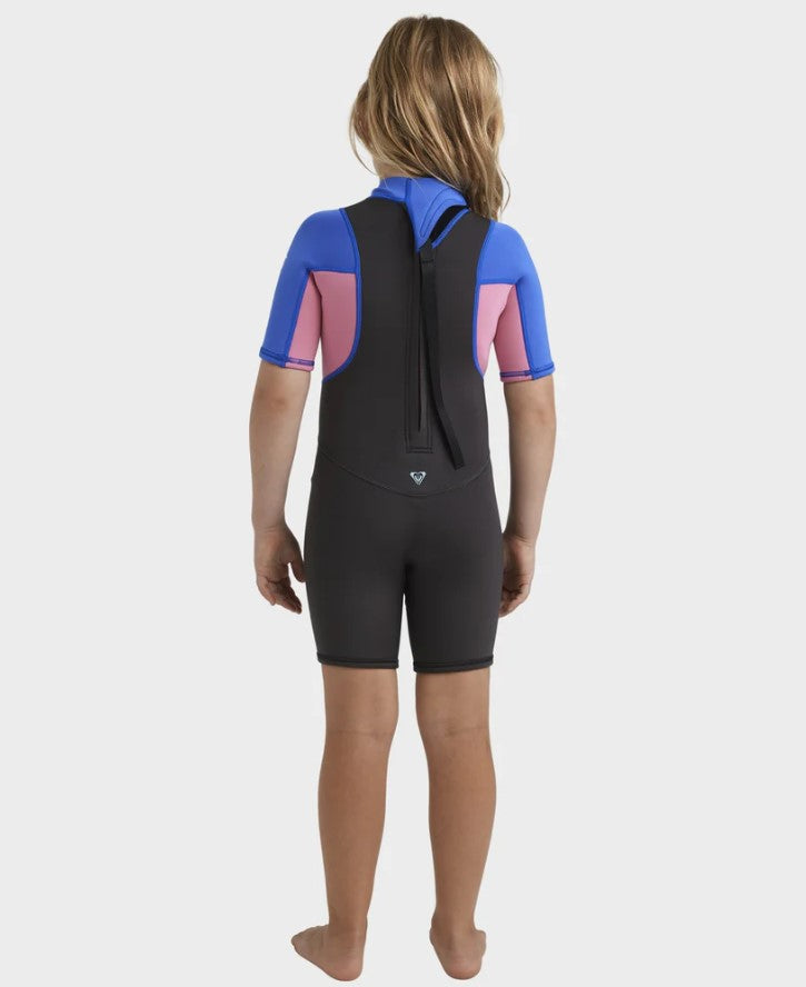 Roxy Toddler Girls 2mm Prologue Spring Wetsuit in cobalt, black and pink on youth model from rear