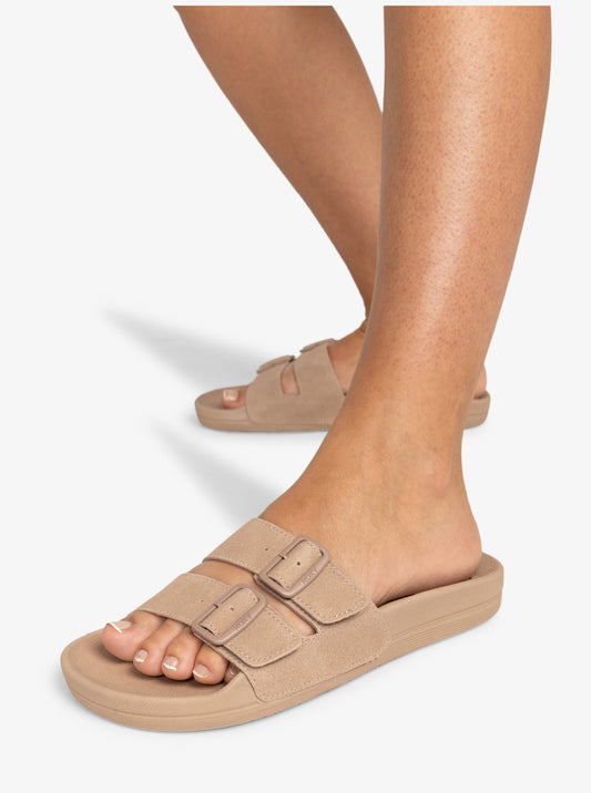 Roxy Slippy Nina Slides in taupe on feet