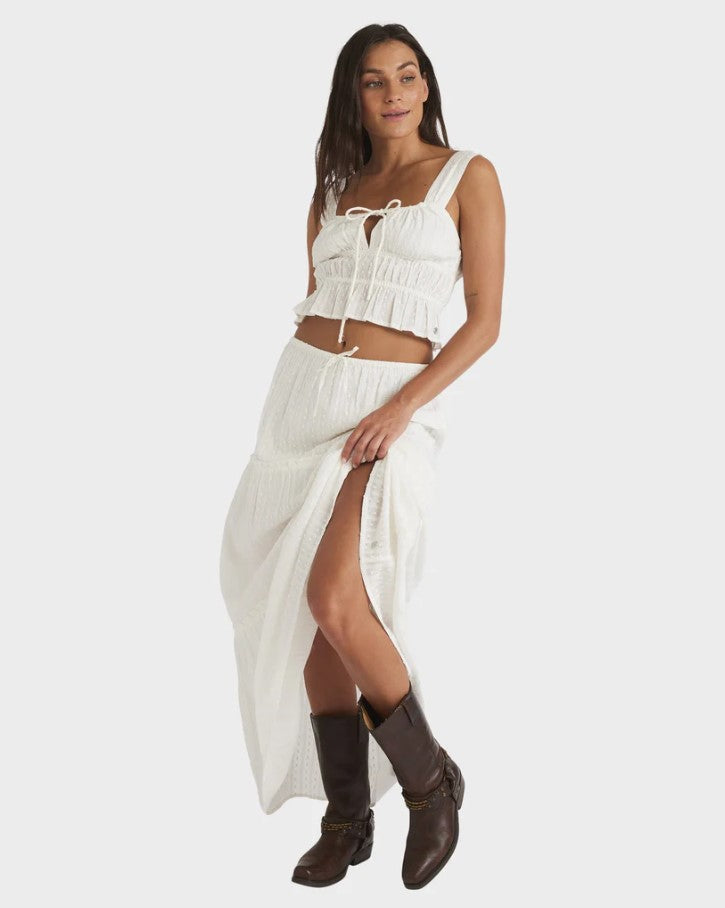 Roxy Sol Sweetwater Maxi Skirt in white on model from front/side view