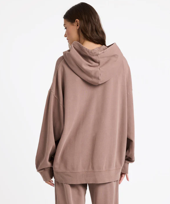 Roxy Steppin Up Women's Hoodie in mocha colourway on model from rear
