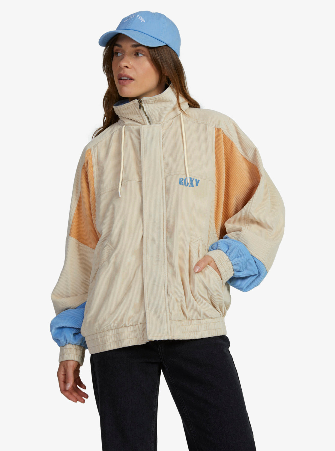 Roxy Strike A Cord Jacket in tapioca colourway on model from front