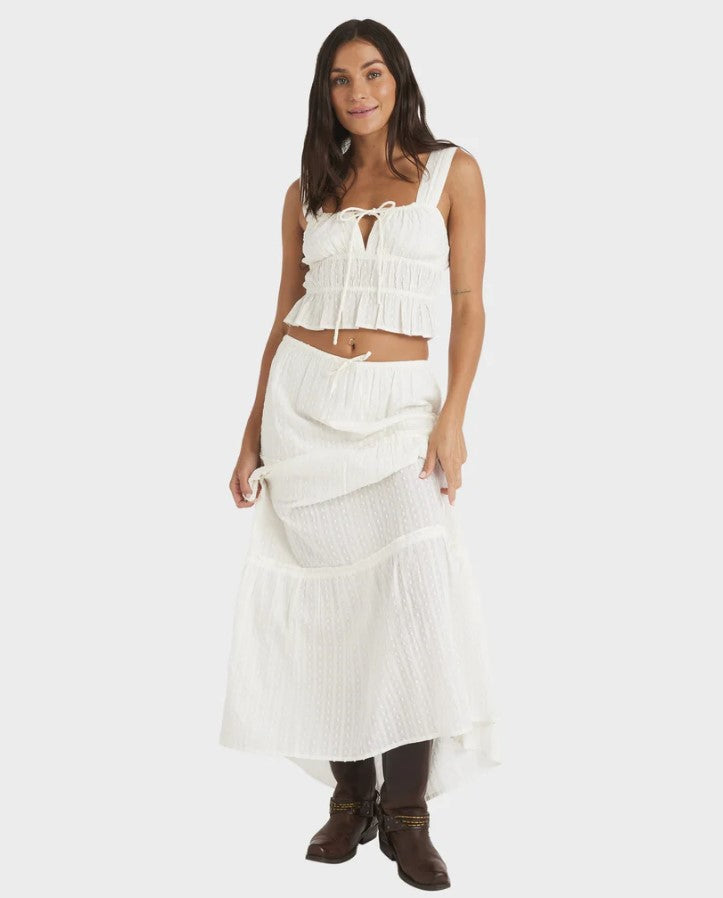 Roxy Sunset Mist Womens Fashion Top in egret white on woman in white skirt