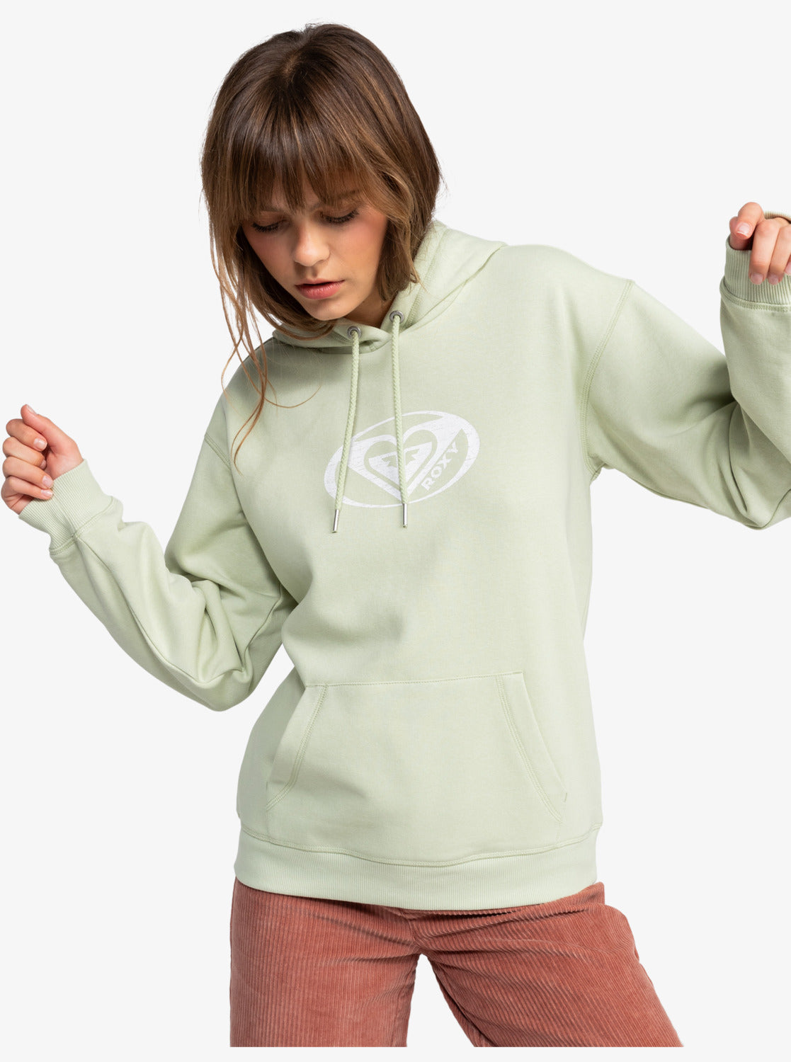 Roxy Surf Stoked Brushed Hoodie in laurel green colourway on model