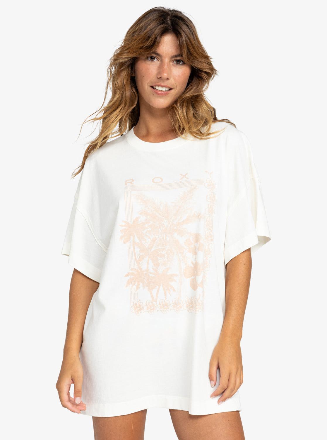 Roxy Sweet Jane Tee II in egret colourway on model from front