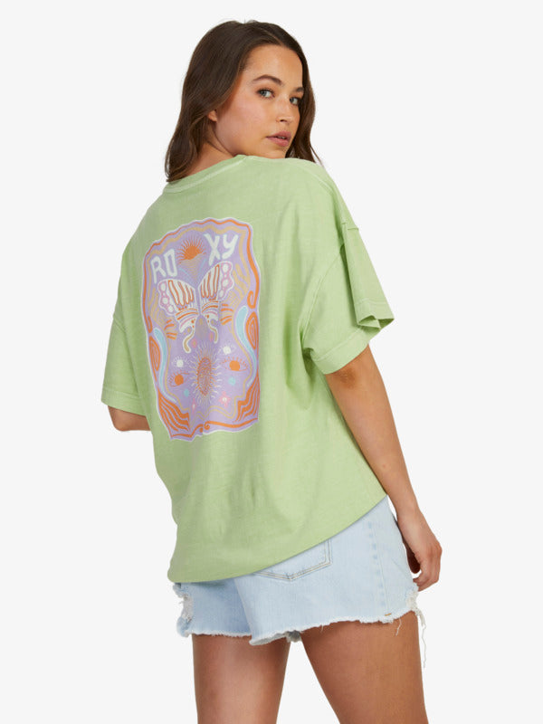 Roxy Sweet Janis Oversized Tee showing back in jade lime colourway