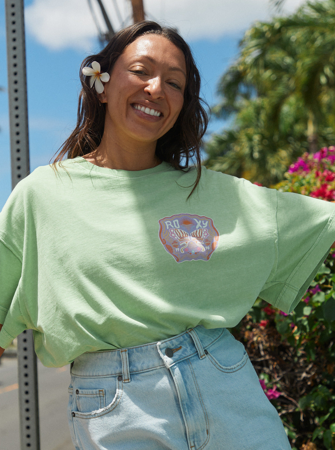 Roxy Sweet Janis Oversized Tee in jade lime colourway on model outdoors 