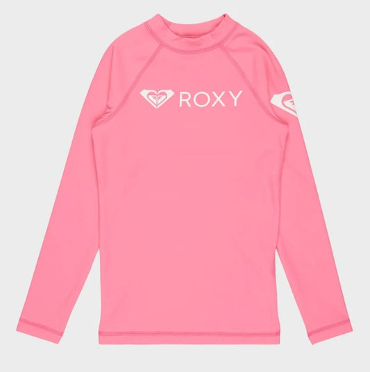 Roxy Girls Heather Long Sleeve Youth Rashguard in cosmos pink from front