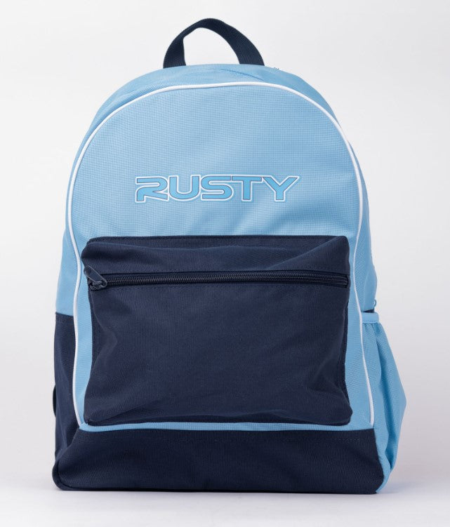 Rusty Girls Academy Backpack in retro blue close up from front