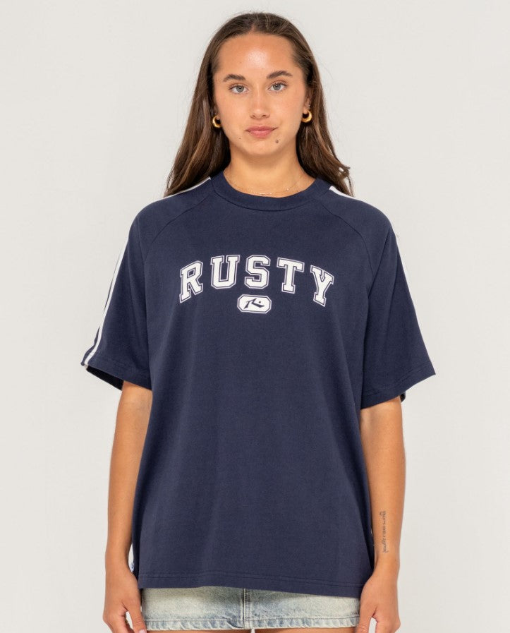 Rusty All Saint Collegiate OG Oversize Womens T-Shirt in navy on woman model from front