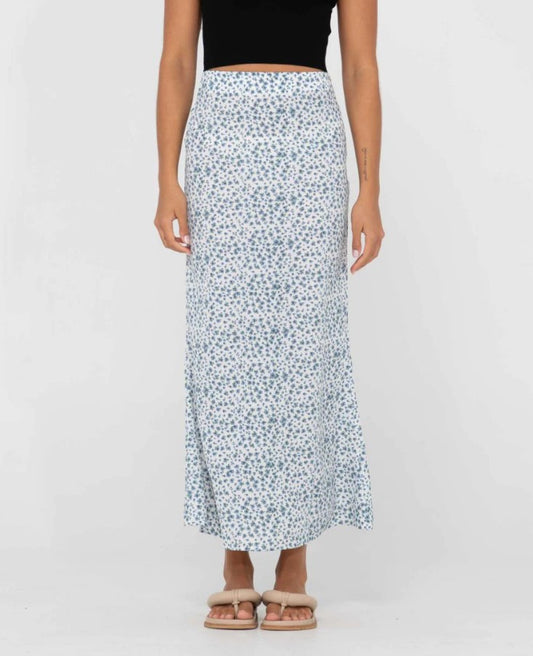 Rusty Balnear Midi Skirt in white with blue floral print