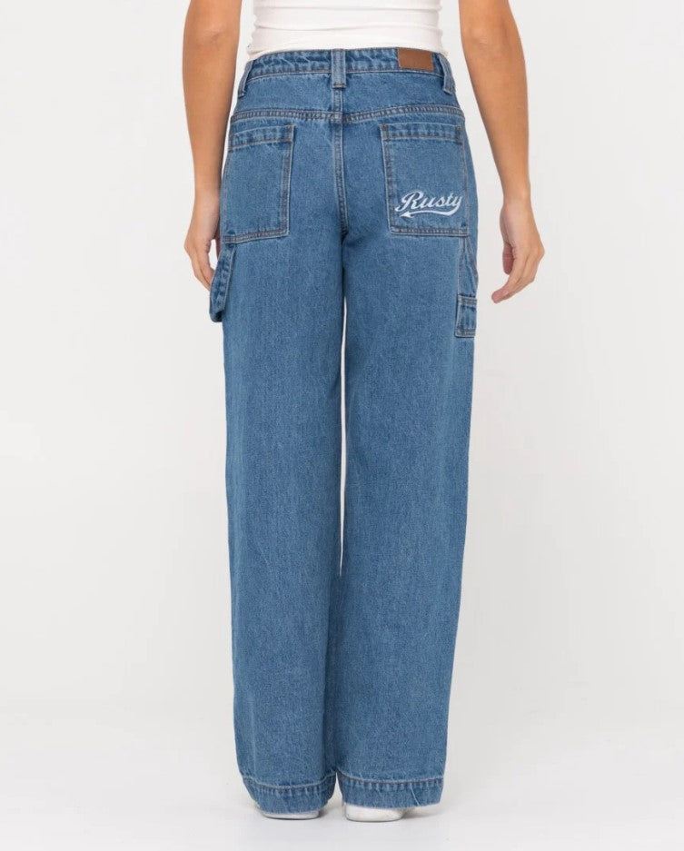 Rusty Billie Low Wide Carpenter Pants in sea blue from back