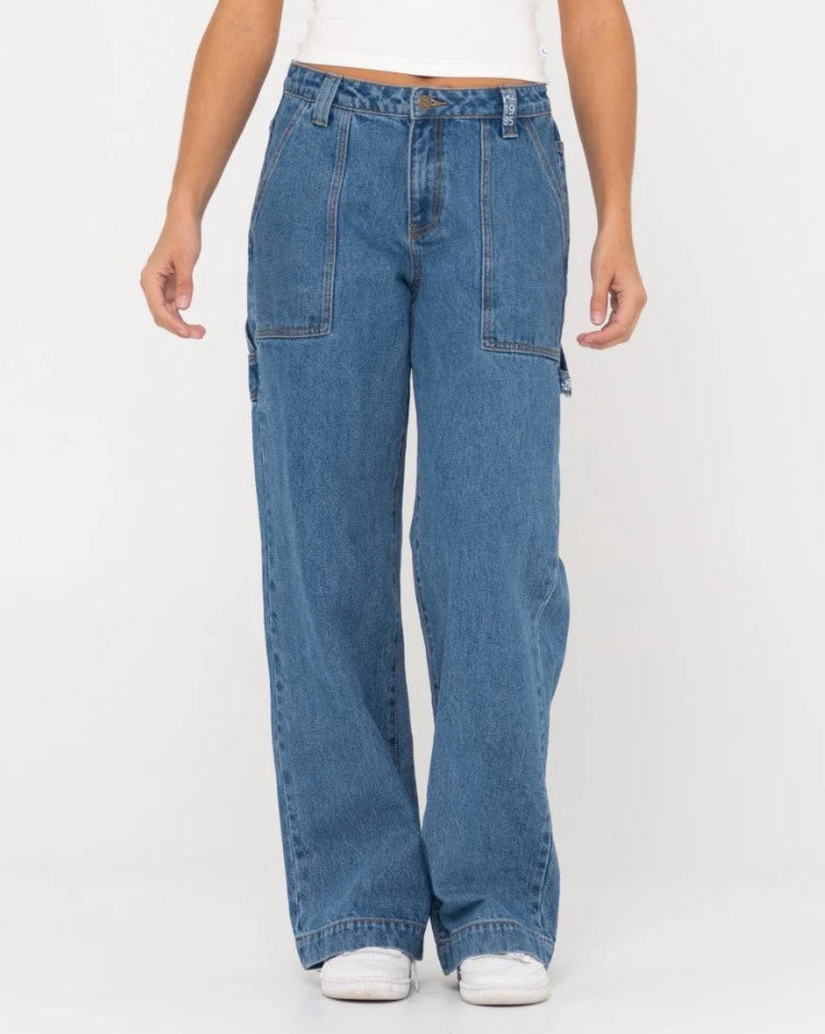 Rusty Billie Low Wide Carpenter Pants in sea blue from front