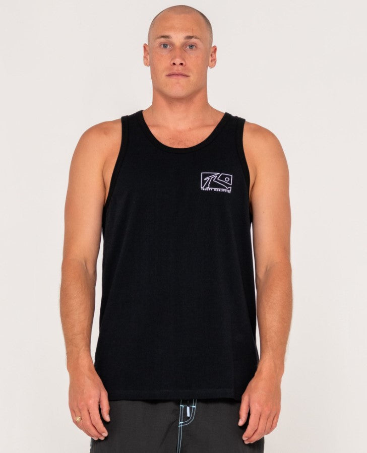 Rusty Boxed Out Mens Tanks in black from front