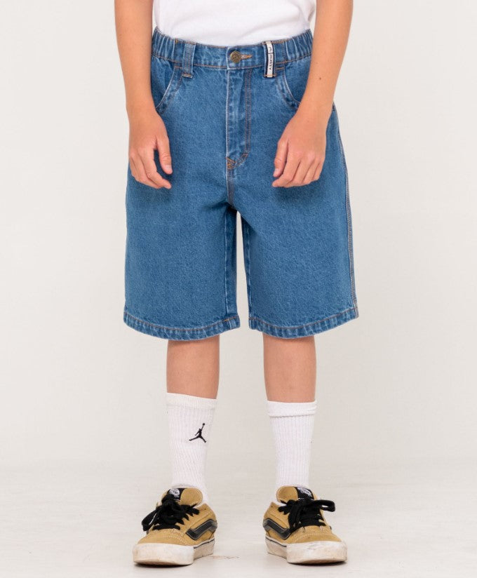 Rusty Boys Flip Daddy Low Ballin Denim Shorts in middy blue from front