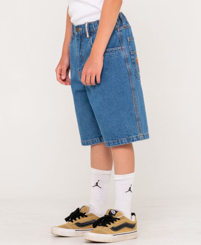 Rusty Boys Flip Daddy Low Ballin Denim Shorts in middy blue from side