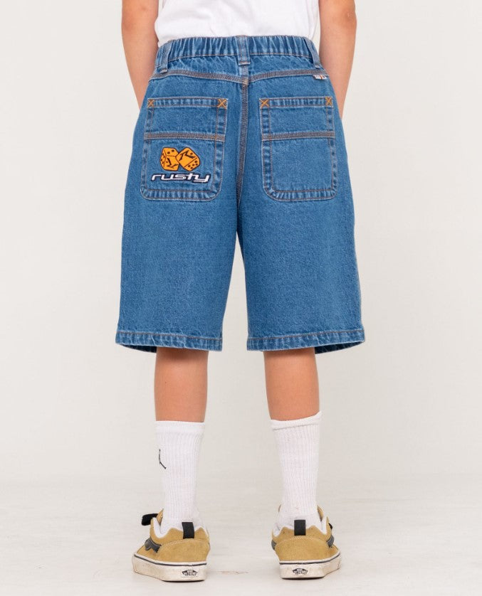 Rusty Boys Flip Daddy Low Ballin Denim Shorts in middy blue from rear