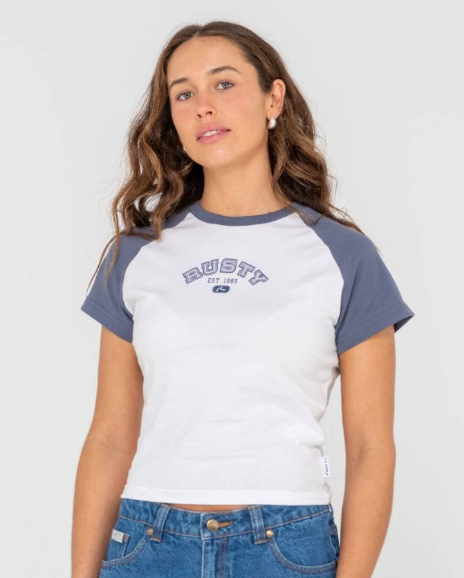 Rusty College Drop Out Raglan Skimmer Tee in white with blue arms