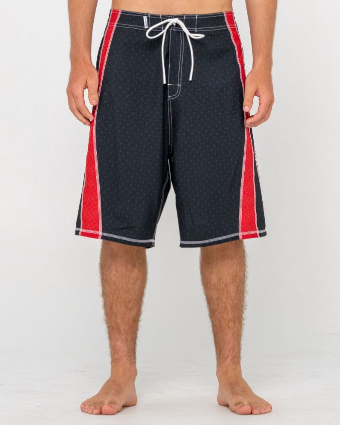 Rusty Cybernate 23" Boardshorts in black with red stripes from front