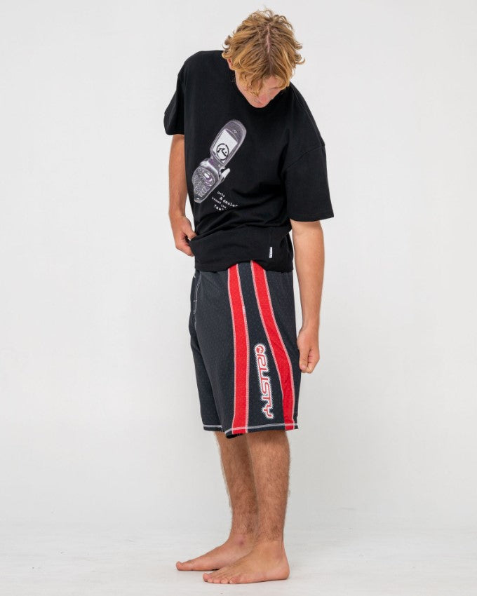 Rusty Cybernate 23" Boardshorts in black with red stripes from side full length