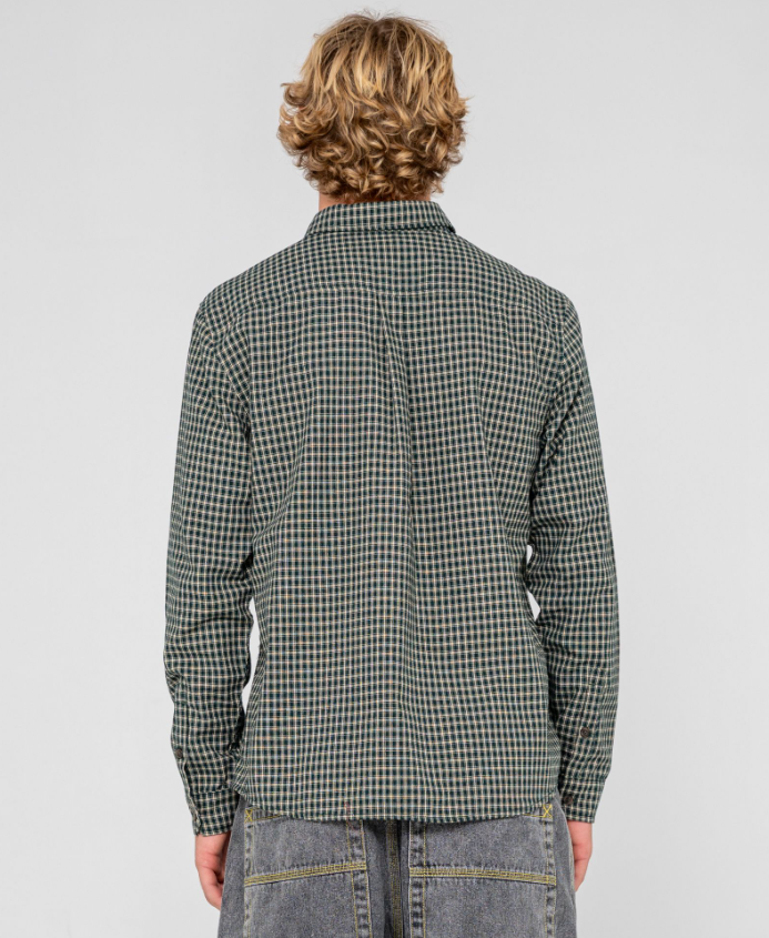 Rusty Datsun Check Long Sleeve Shirt in dark green on model from rear