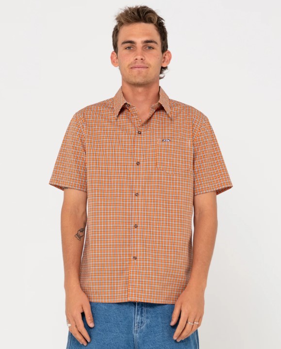 Rusty Datsun Short Sleeve Checked Shirt in persimon orange colourway