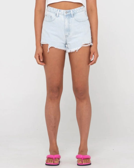 Rusty Dime High Rise Denim Shorts in aspen blue colourway with distressed hems from front