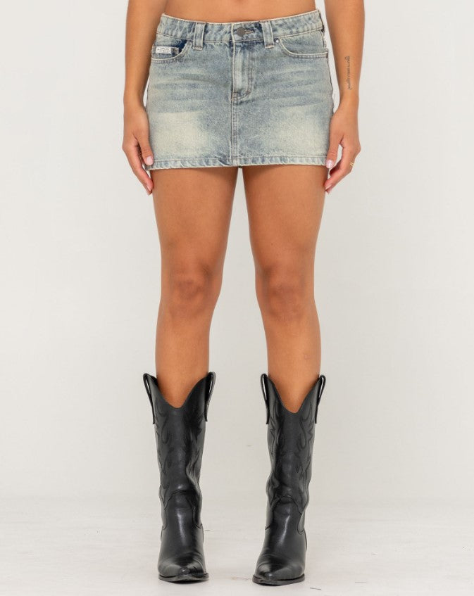Rusty Dirty Mavericks Denim Mini Skirt in dirty dawg colourway close up from front