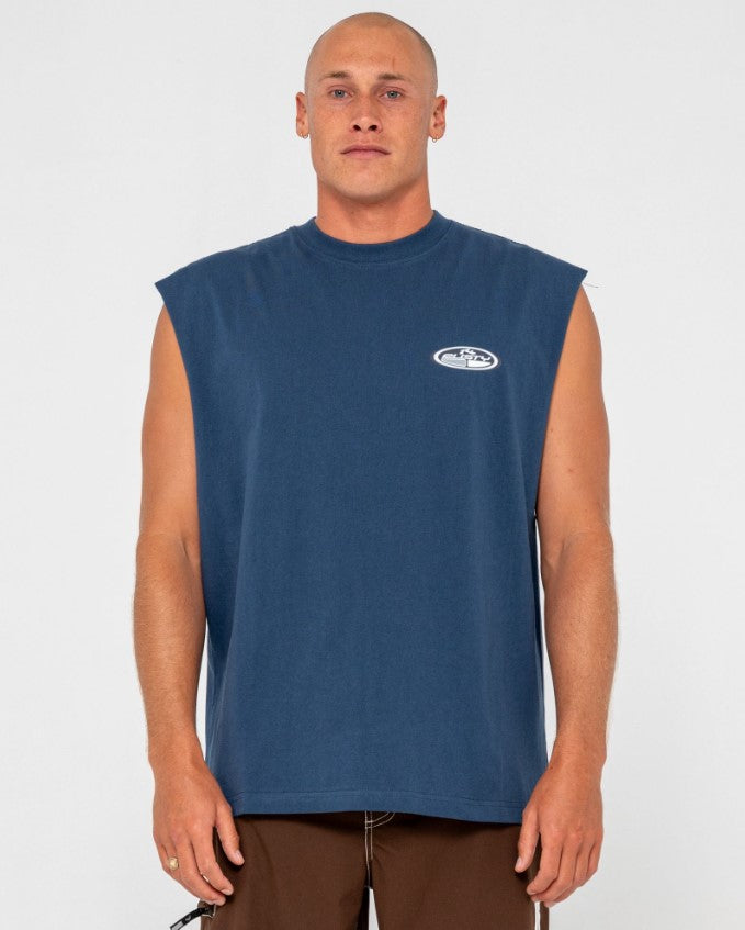 Rusty Faden Heavy Boxy Mens Muscle Top in china blue from front
