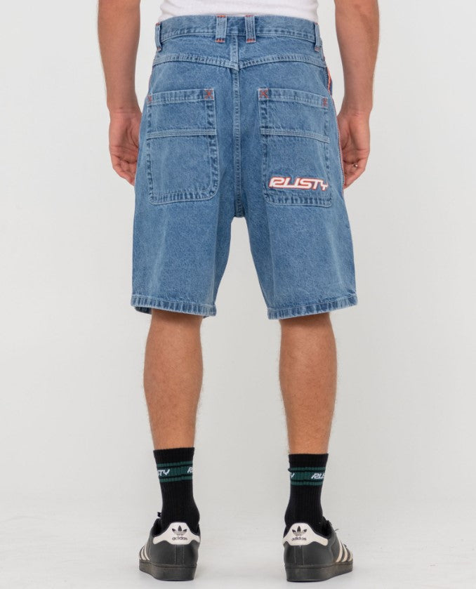 Rusty Flip Daddy 2.0 Denim Shorts in middy blue shot from rear