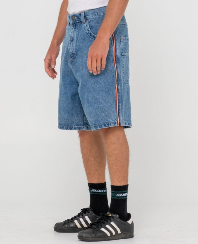 Rusty Flip Daddy 2.0 Denim Shorts in middy blue shot from side