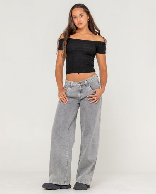 Rusty Flip Mommy Low Rise Tapeless Denim Jeans in london summer grey colourway on model from front