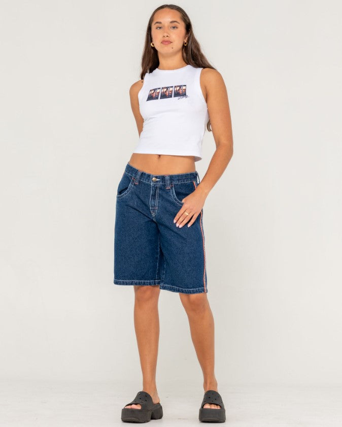 Rusty Flip Mommy Low Rise Wide Leg Denim Jort in deep sea blue with orange band on model wearing white baby tank