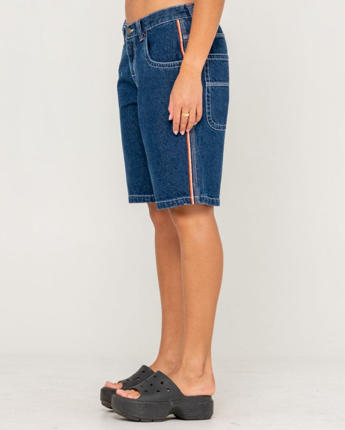 Rusty Flip Mommy Low Rise Wide Leg Denim Jort in deep sea blue with orange band from side
